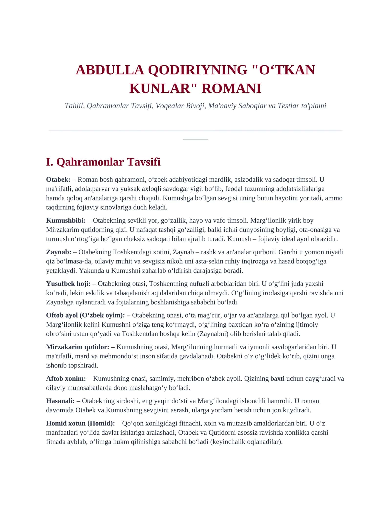 ABDULLA QODIRIYNING "OʻTKAN KUNLAR" ROMANI