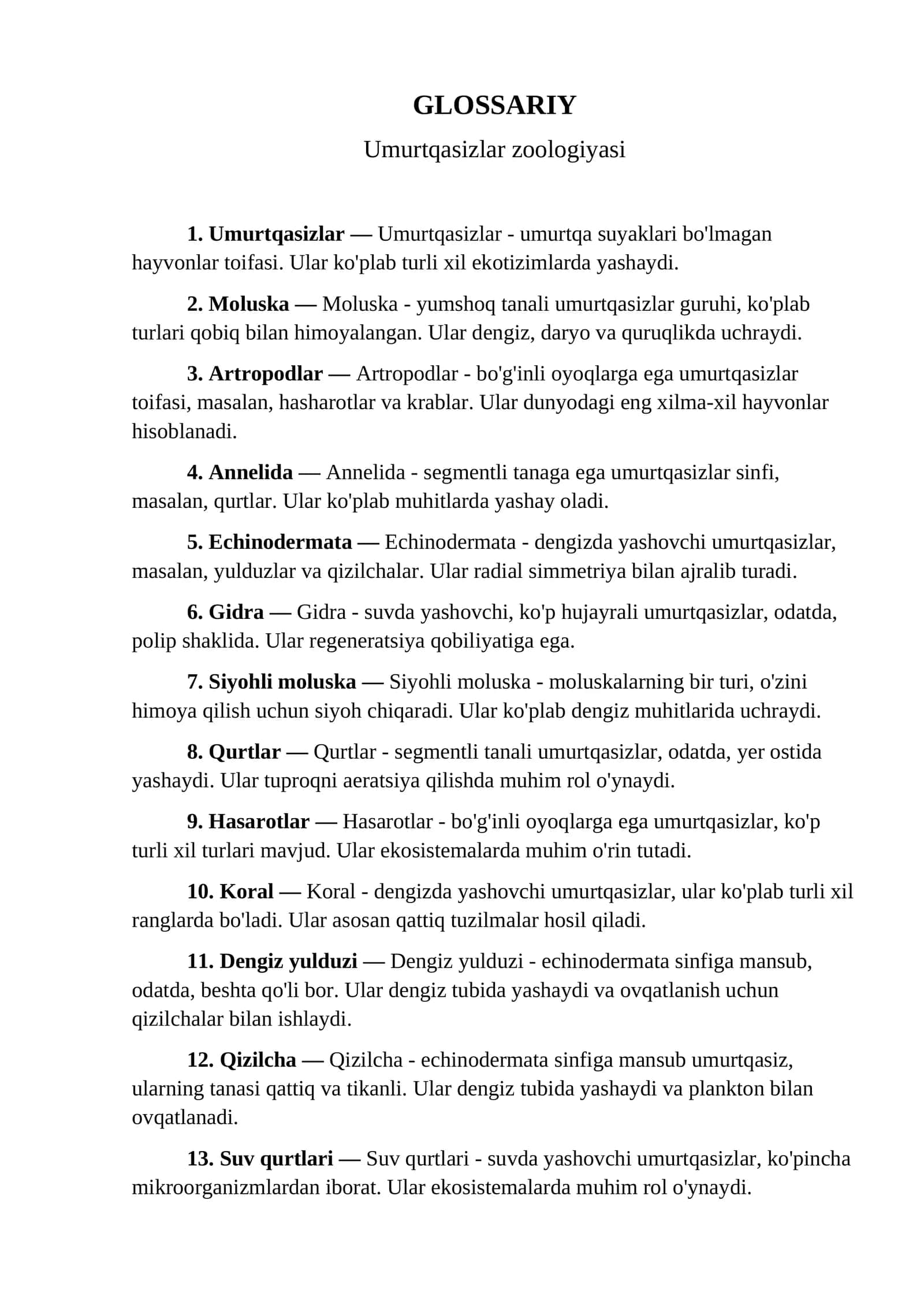 Umurtqasizlar zoologiyasi (glossariy)