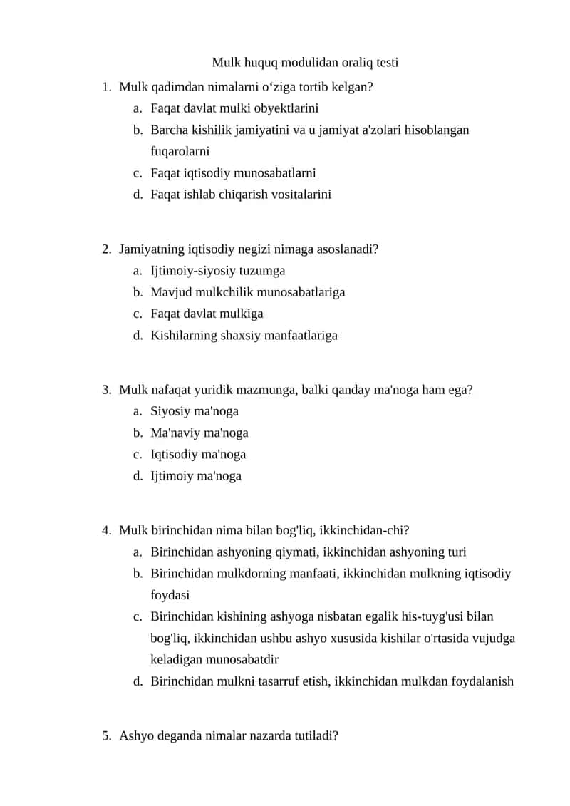 Mulk huquq modulidan oraliq testi