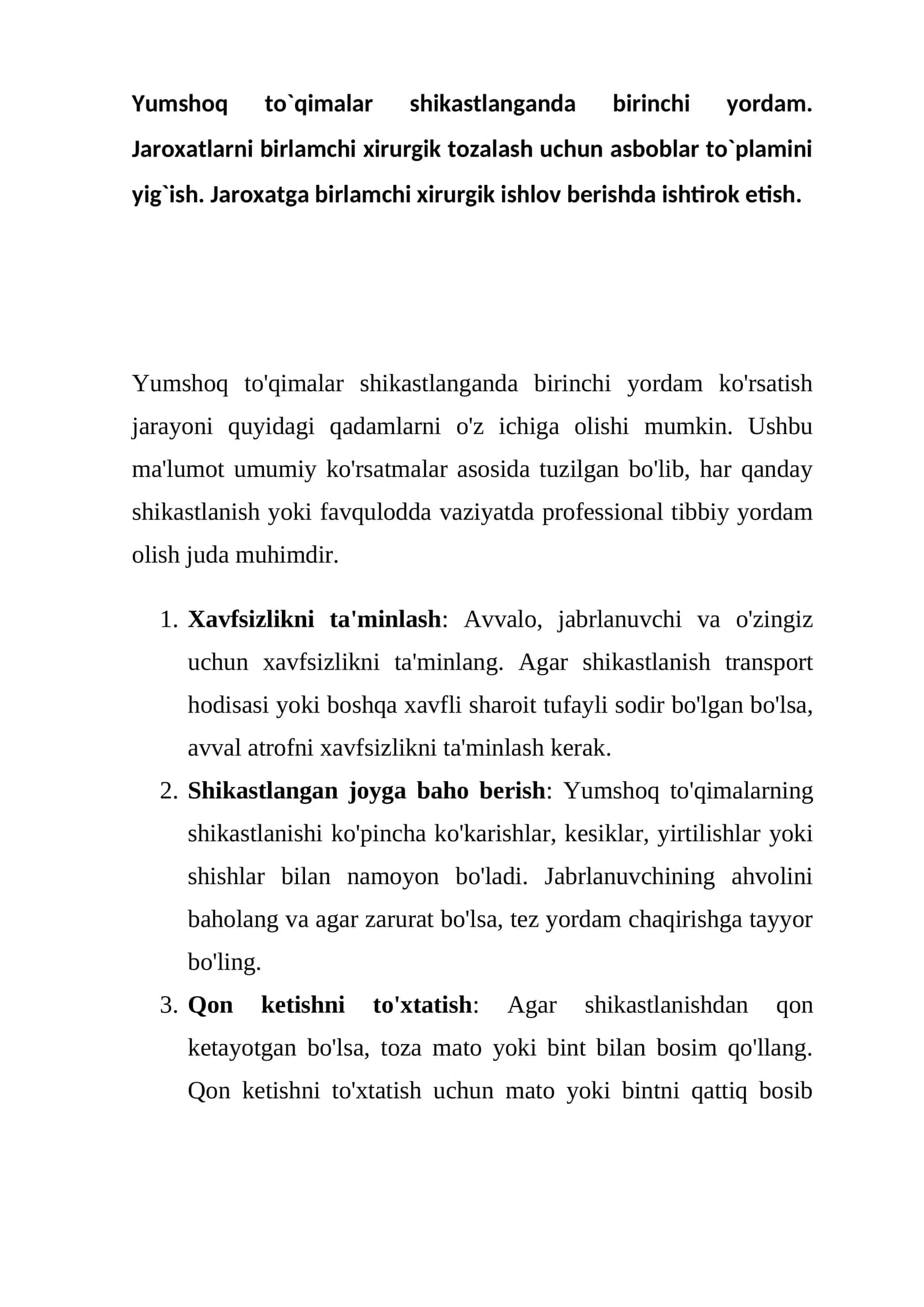 Yumshoq to`qimalar shikastlanganda birinchi yordam