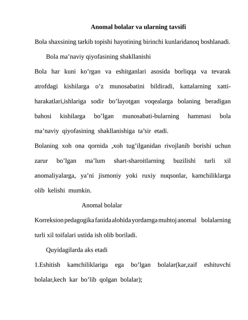 Anomal bolalar va ularning tavsifi