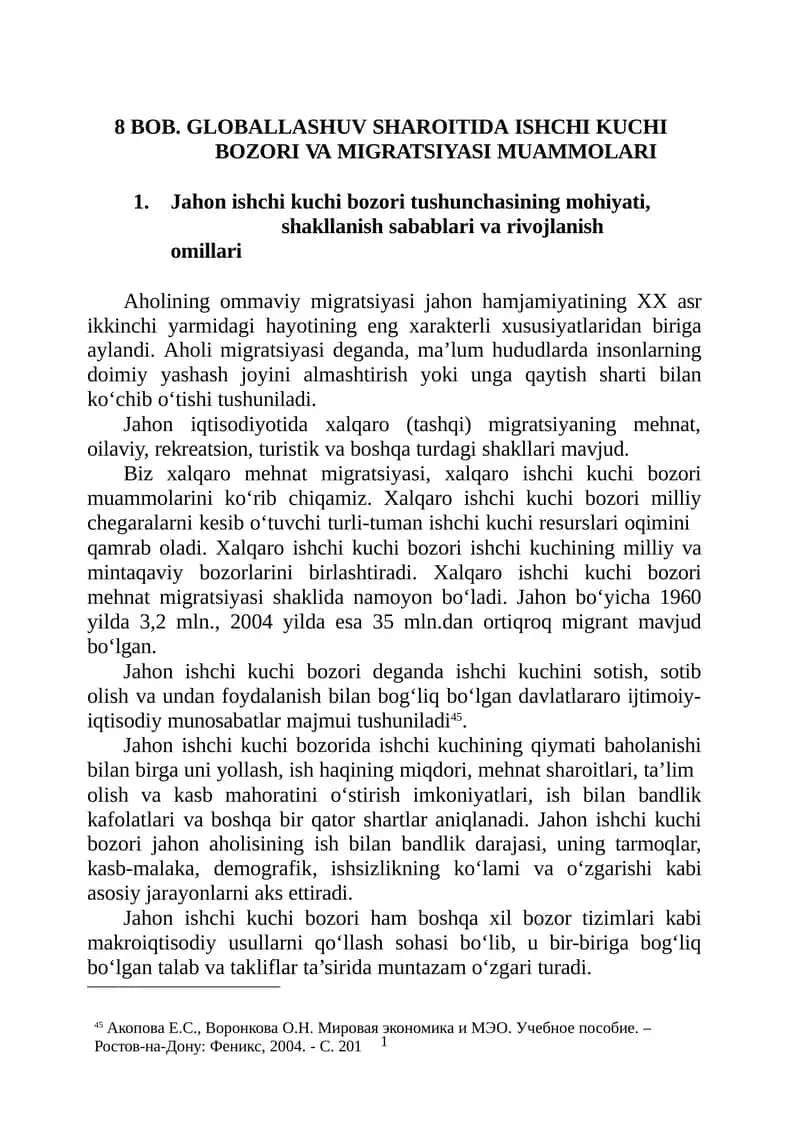BOB.GLOBALLASHUV SHAROITIDA ISHCHI KUCHI BOZORI VA MIGRATSIYASI MUAMMOLARI