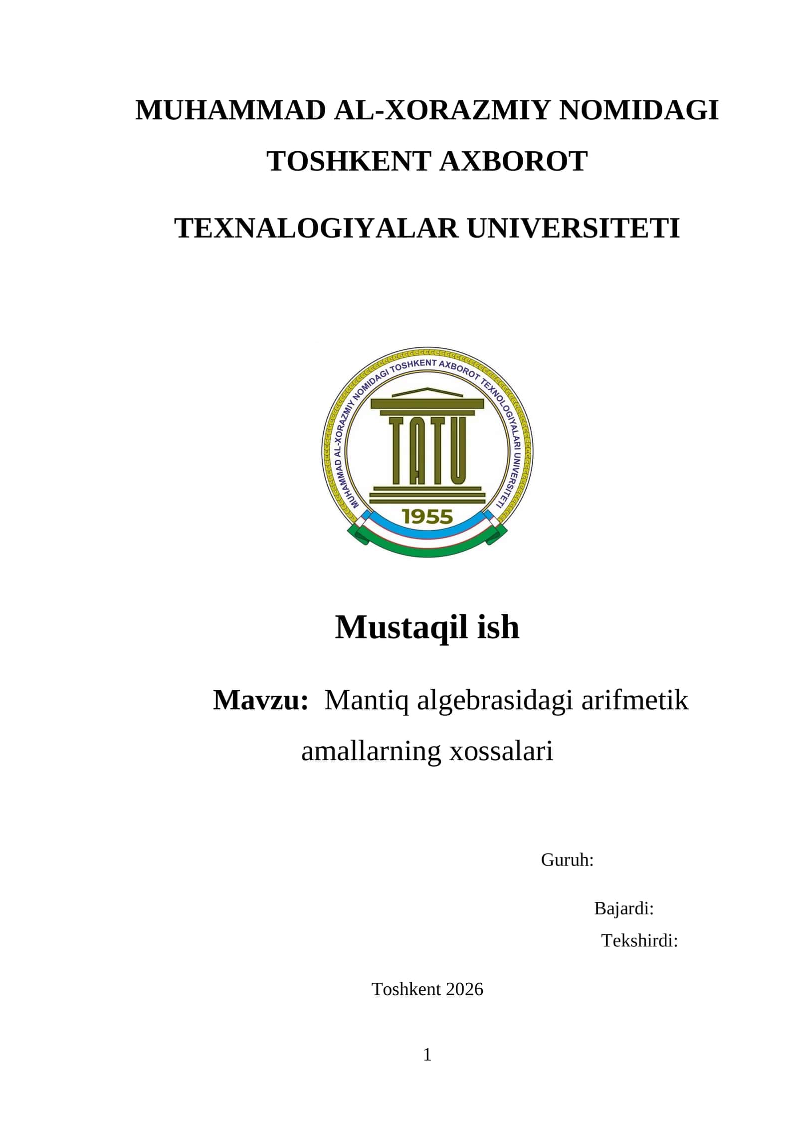 Mantiq algebrasidagi arifmetik amallarning xossalari