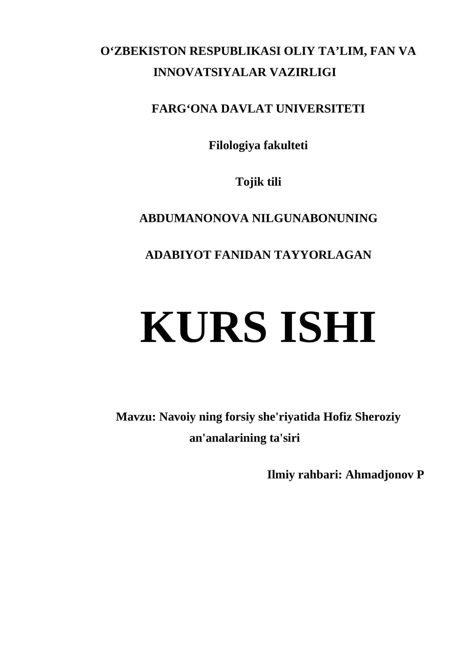 Navoiy ning forsiy she'riyatida Hofiz Sheroziy an'analarining ta'siri KURS ISHI