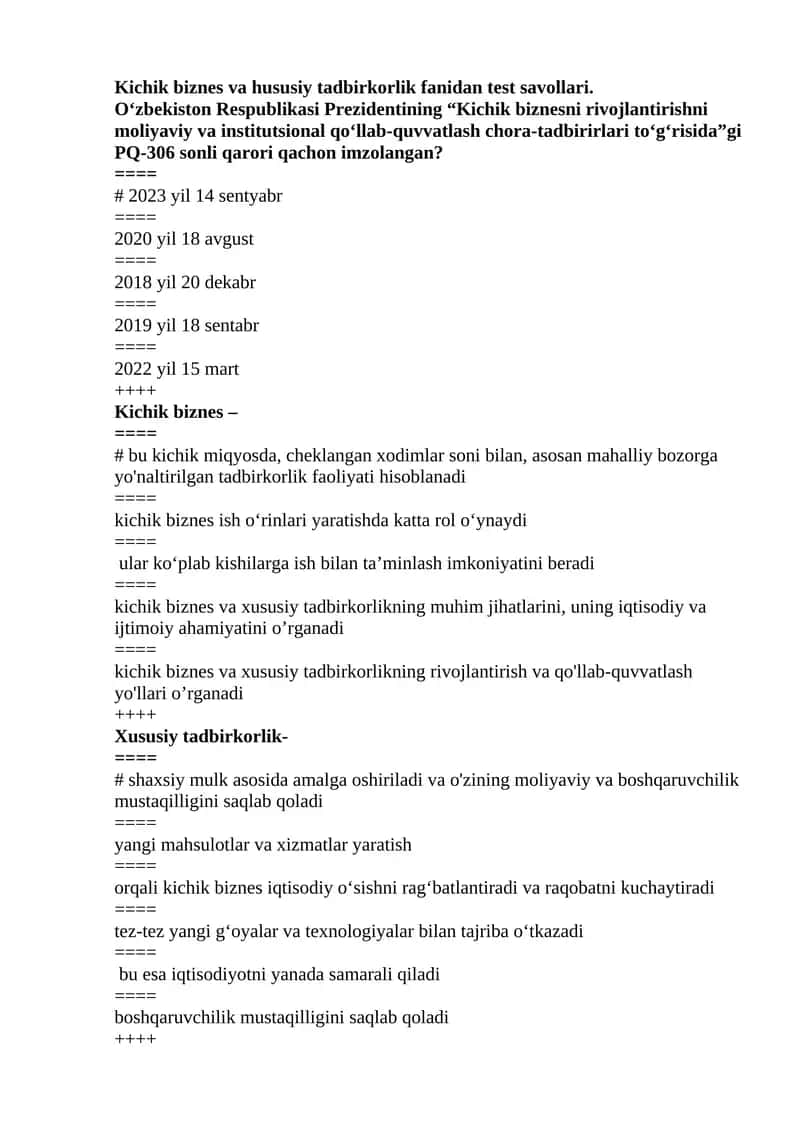 Kichik biznes va hususiy tadbirkorlik fanidan test savollari