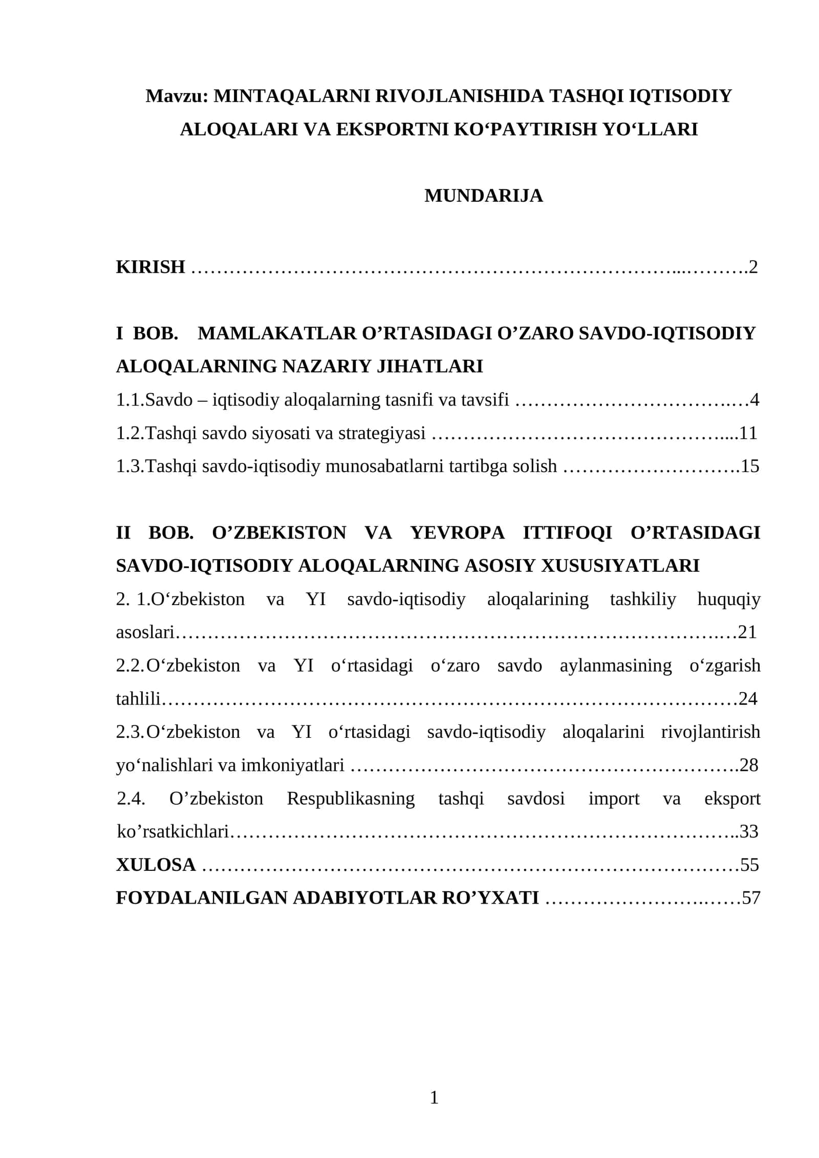 MINTAQALARNI RIVOJLANISHIDA TASHQI IQTISODIY ALOQALARI VA EKSPORTNI KOʻPAYTIRISH YOʻLLARI