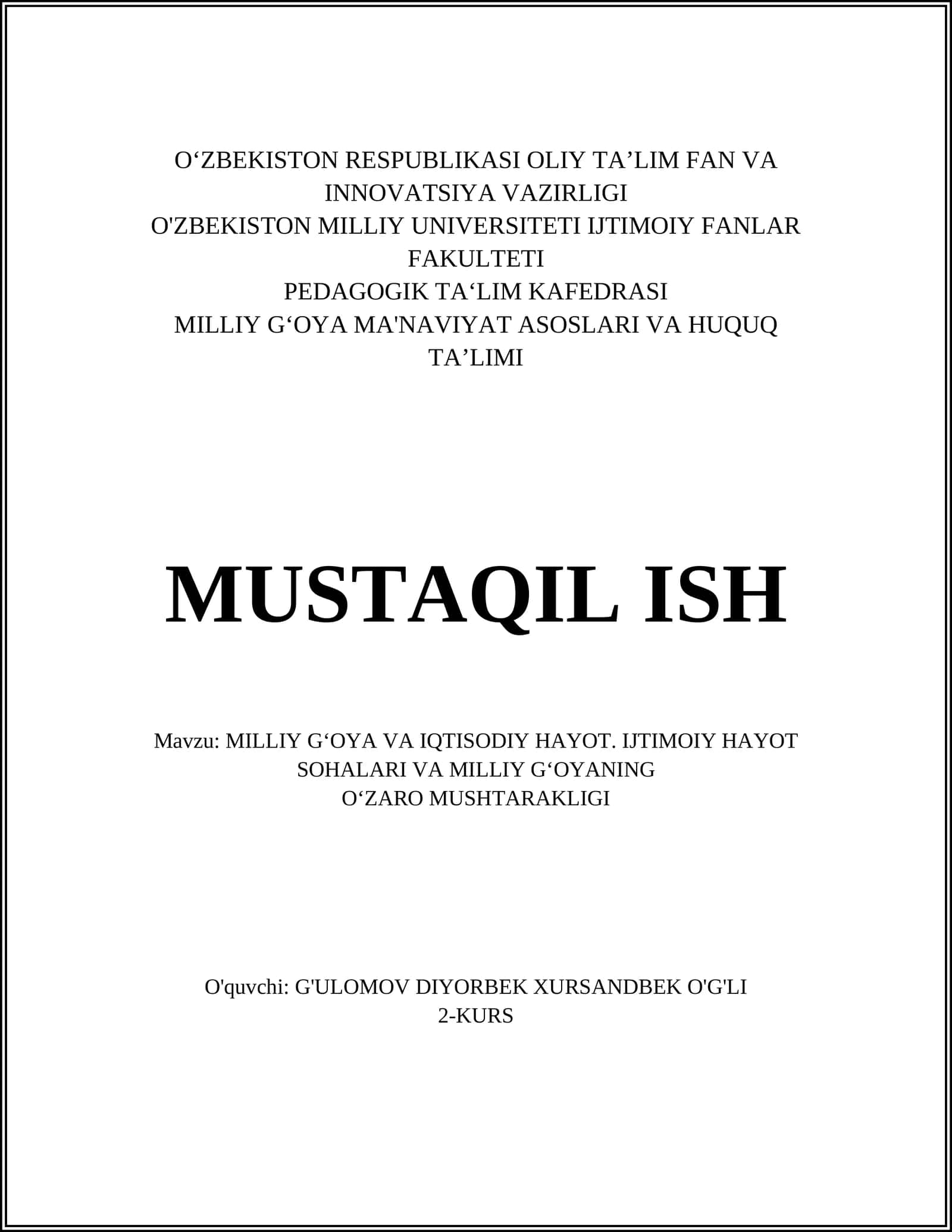 MILLIY G‘OYA VA IQTISODIY HAYOT