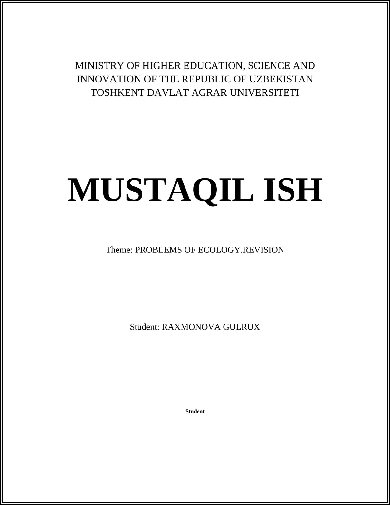 MUSTAQIL ISH: PROBLEMS OF ECOLOGY.REVISION