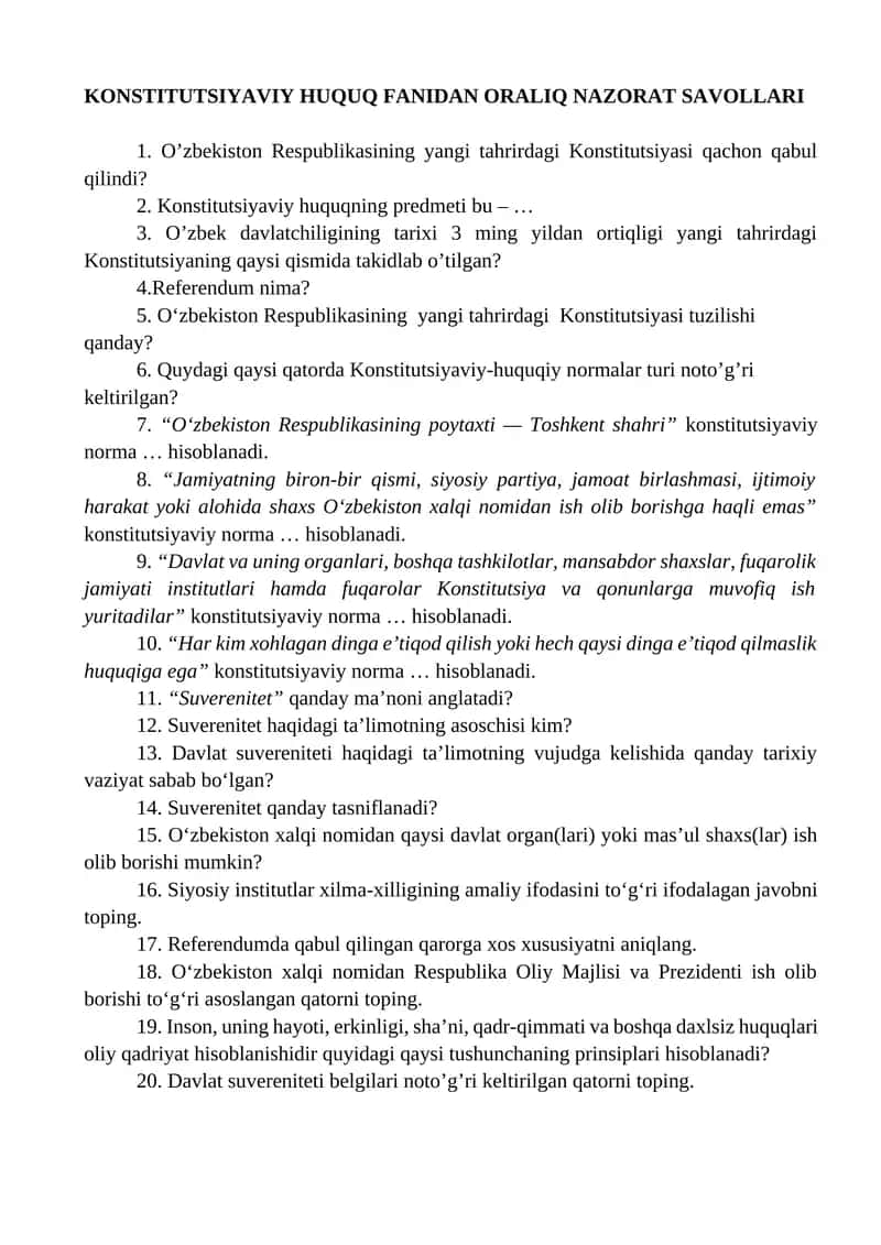 Konstitutsiyaviy Huquq Fanidan Oralik Nazorat Savollari