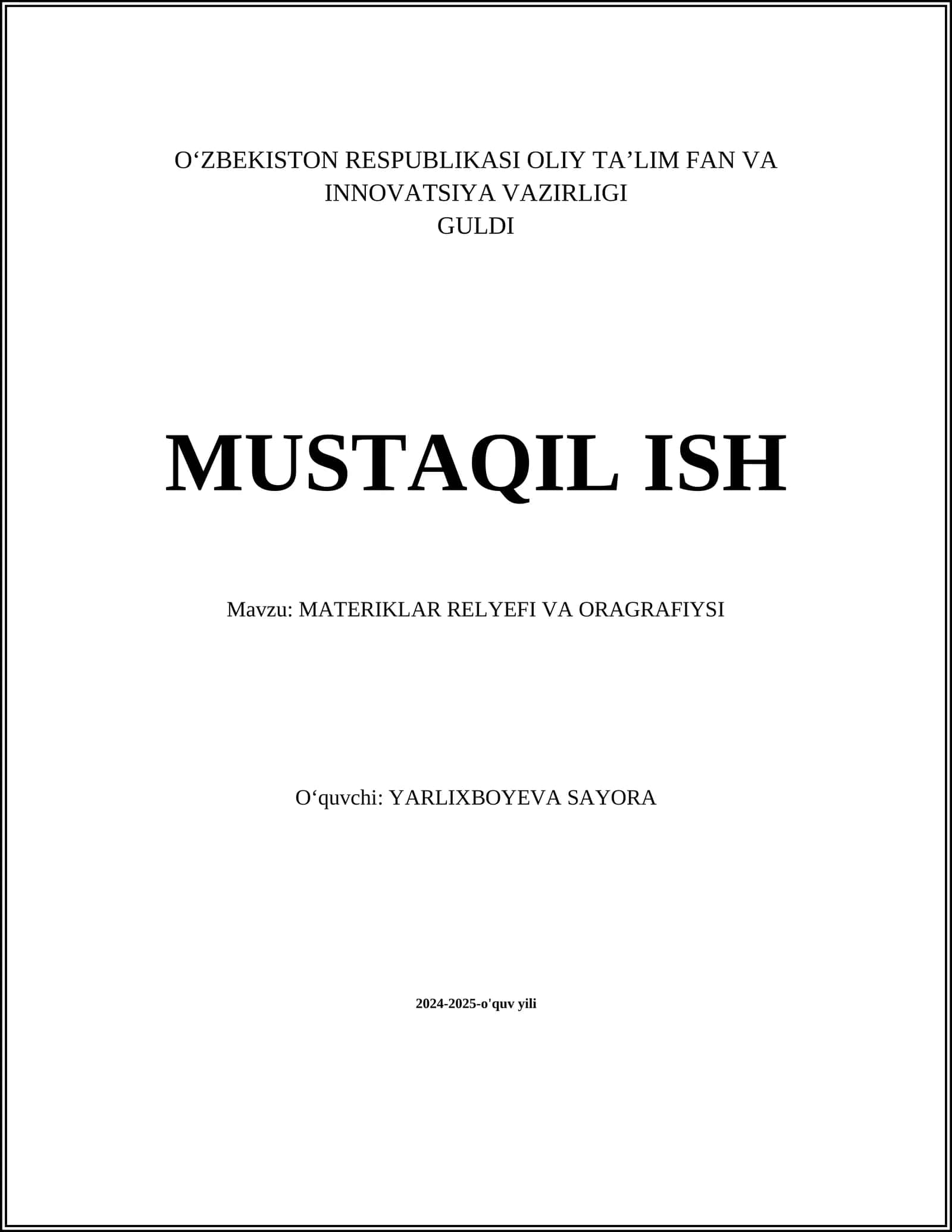 MATERIKLAR RELYEFI VA ORAGRAFIYSI