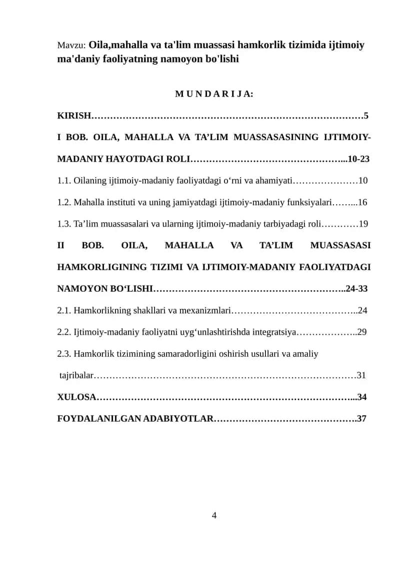 Oila,mahalla va ta'lim muassasi hamkorlik tizimida ijtimoiy ma'daniy faoliyatning namoyon bo'lishi