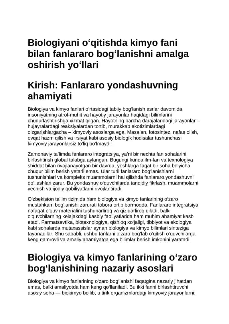 Biologiyani o‘qitishda kimyo fani bilan fanlararo bog‘lanishni amalga oshirish yo‘llari