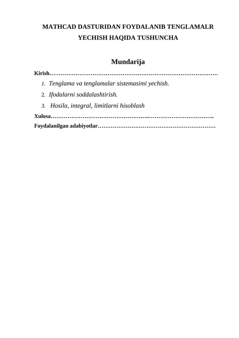 MATHCAD DASTURIDAN FOYDALANIB TENGLAMALR YECHISH HAQIDA TUSHUNCHA