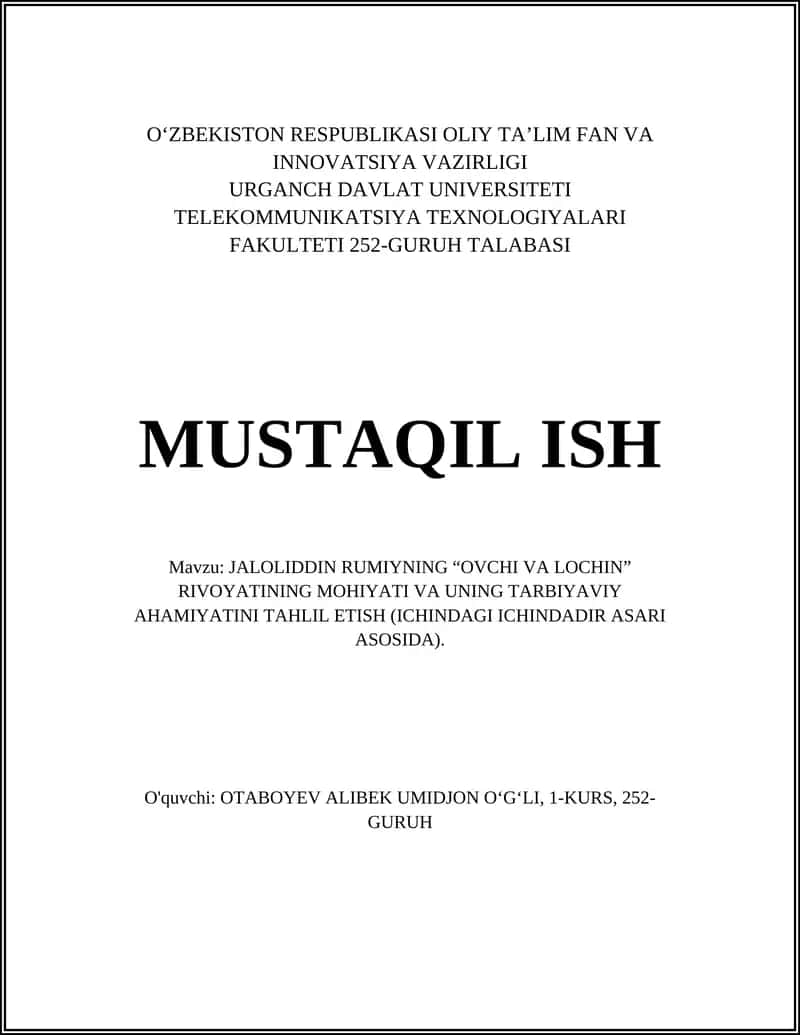 JALOLIDDIN RUMIYNING “OVCHI VA LOCHIN” RIVOYATINING MOHIYATI VA UNING TARBIYAVIY AHAMIYATINI TAHLIL ETISH