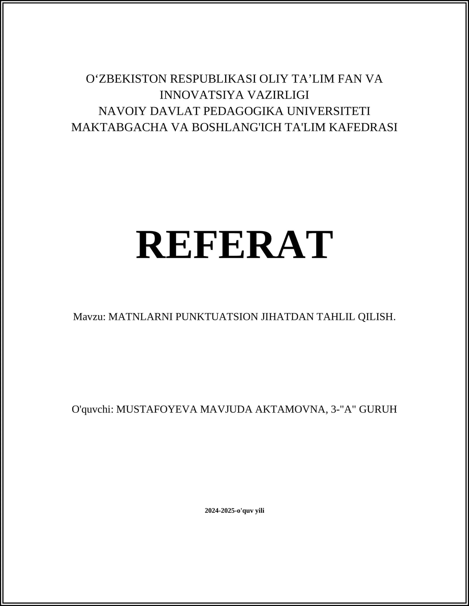 MATNLARNI PUNKTUATSION JIHATDAN TAHLIL QILISH