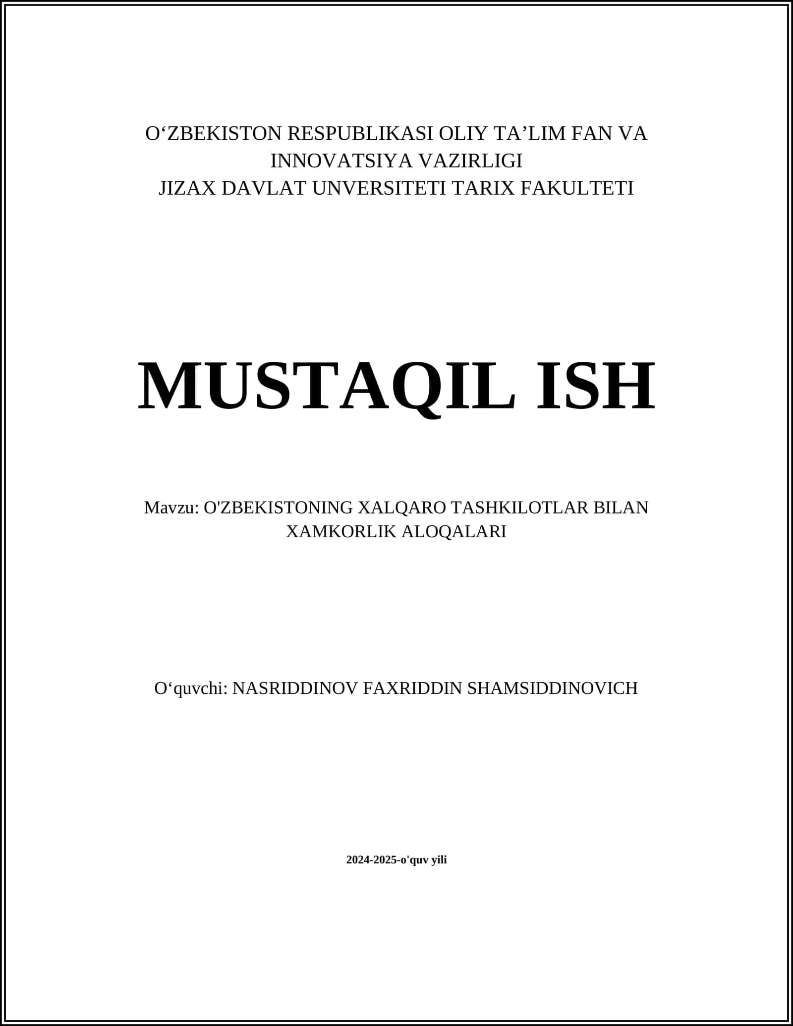 O‘zbekistonning Xalqaro Tashkilotlar bilan Xamkorlik Aloqalari
