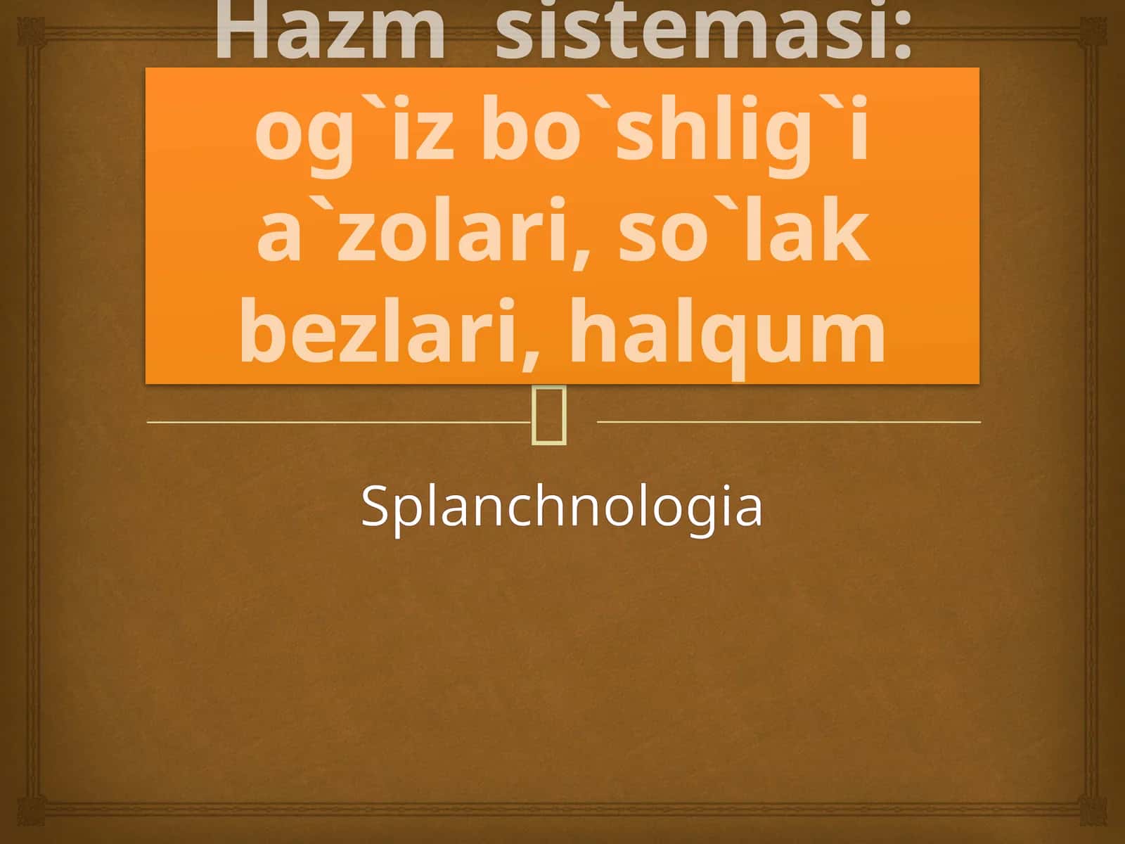 Hazm sistemasi: og`iz bo`shlig`i a`zolari, so`lak bezlari, halqum
