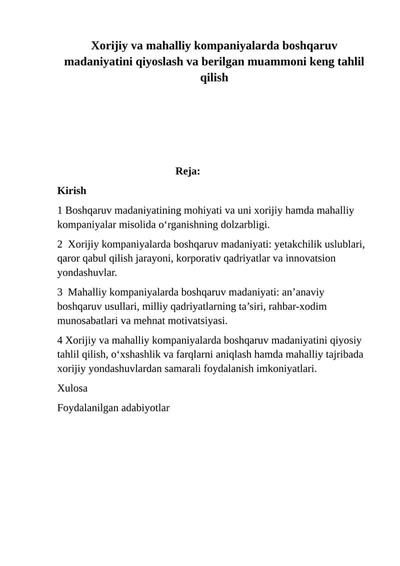 Boshqaruv Madaniyati Qiyoslash va Tahlil Qilish