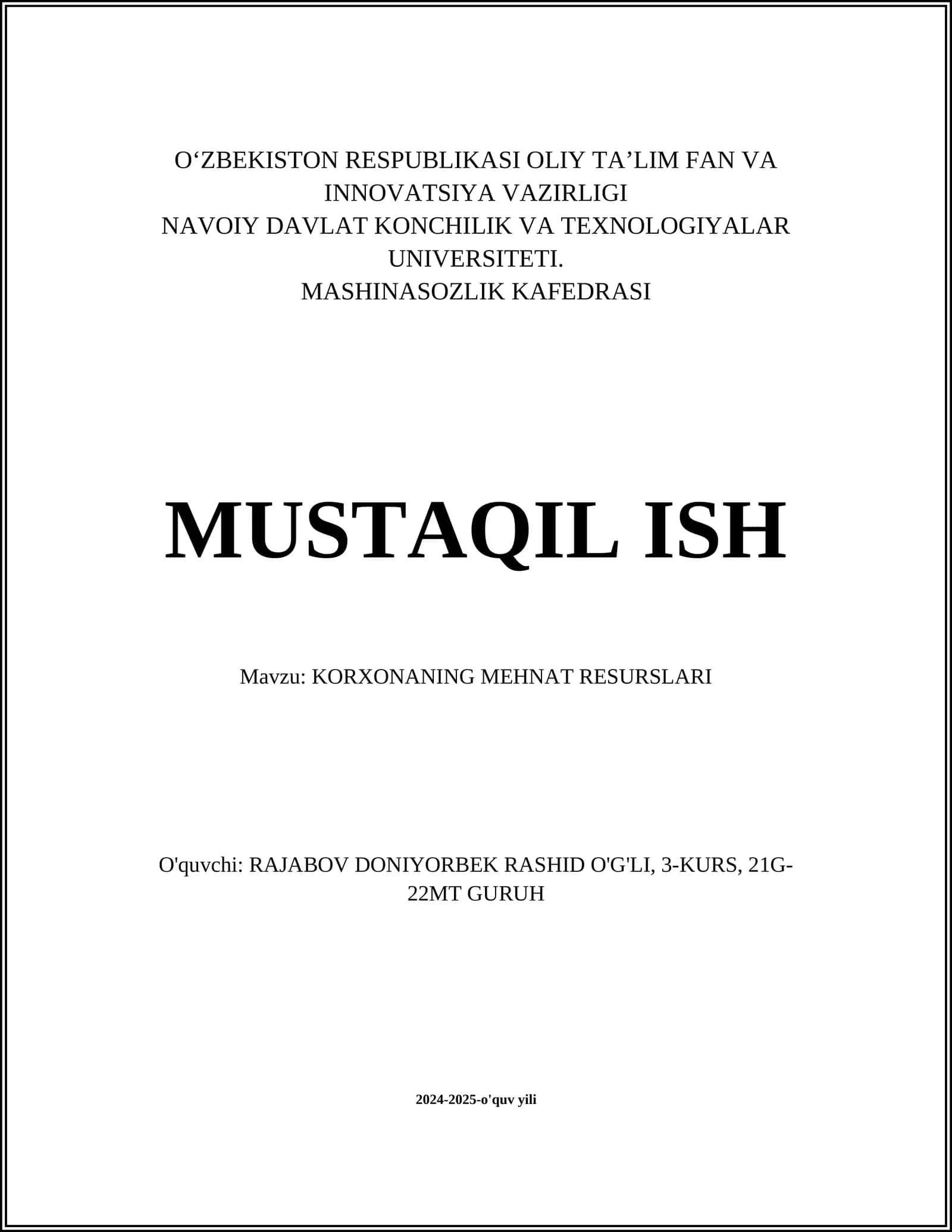 KORXONANING MEHNAT RESURSLARI