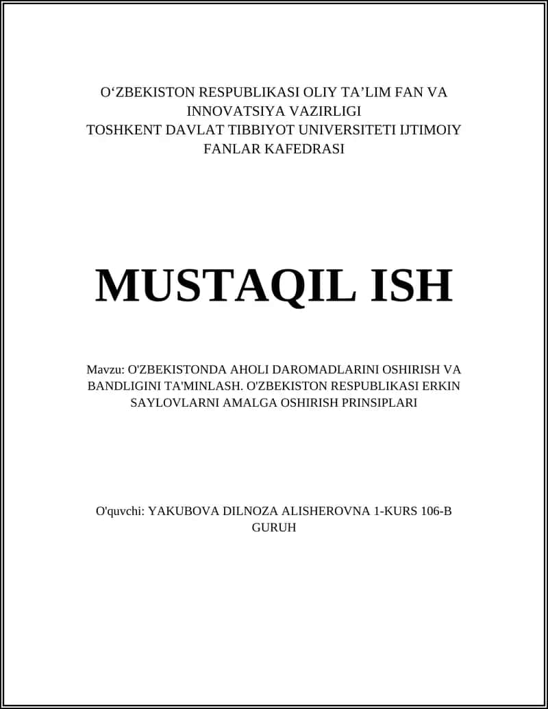 O'ZBEKISTONDA AHOLI DAROMADLARINI OSHIRISH VA BANDLIGINI TA'MINLASH