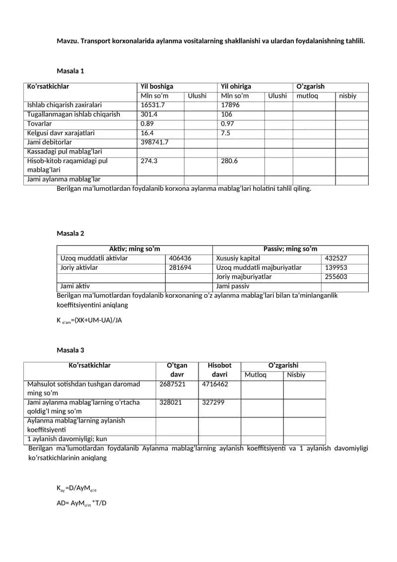 Transport korxonalarida aylanma mablag‘lar shakllanishi va ulardan foydalanish tahlili