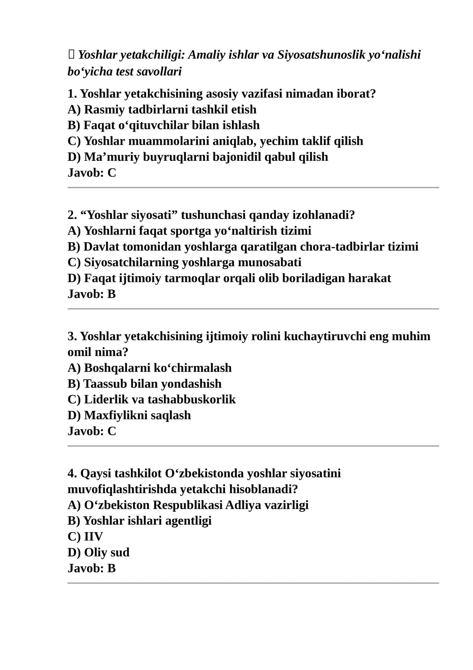 Amaliy ishlar va Siyosatshunoslik yo‘nalishi bo‘yicha test savollari