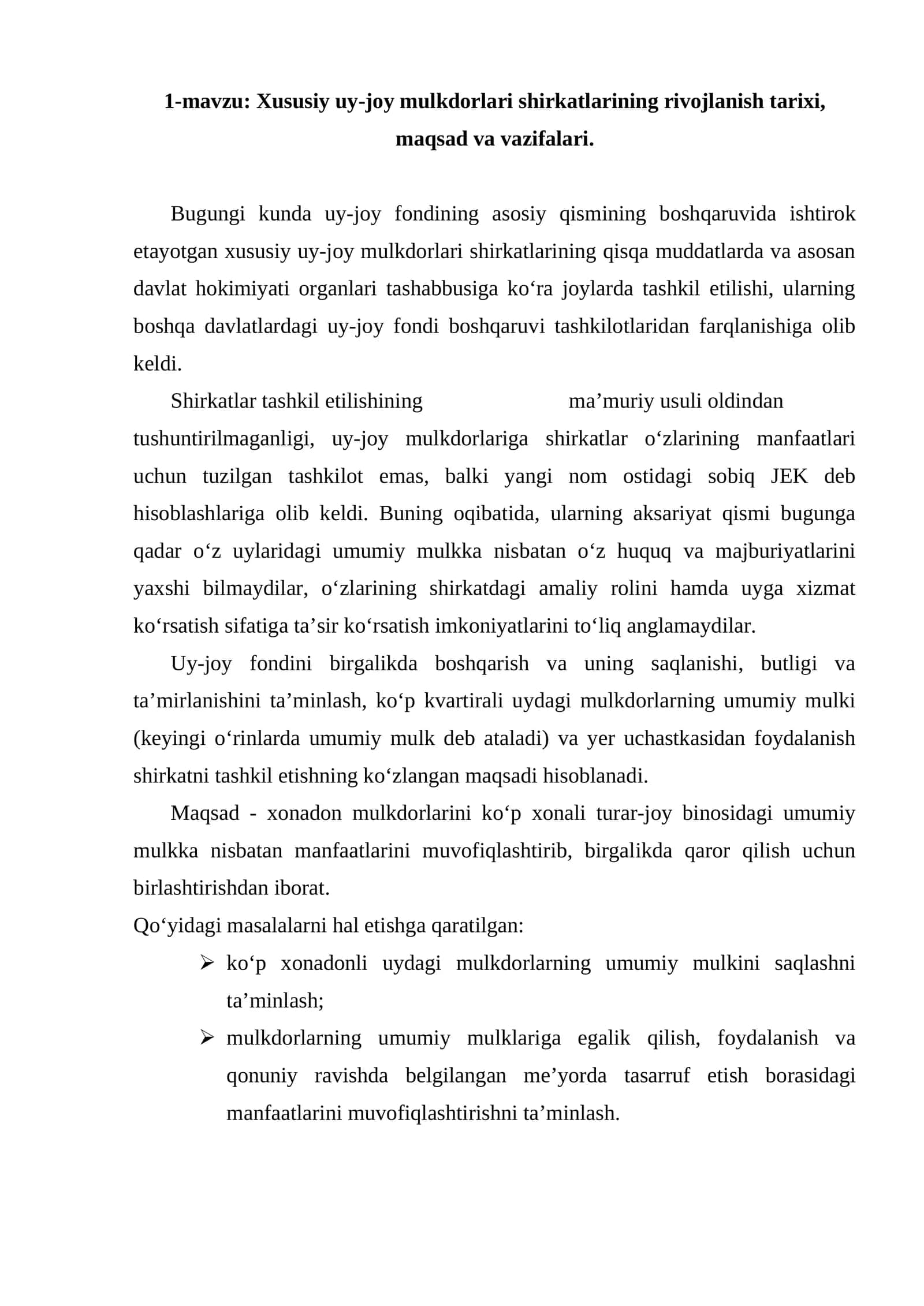 Xususiy uy-joy mulkdorlari shirkatlarining rivojlanish tarixi, maqsad va vazifalari