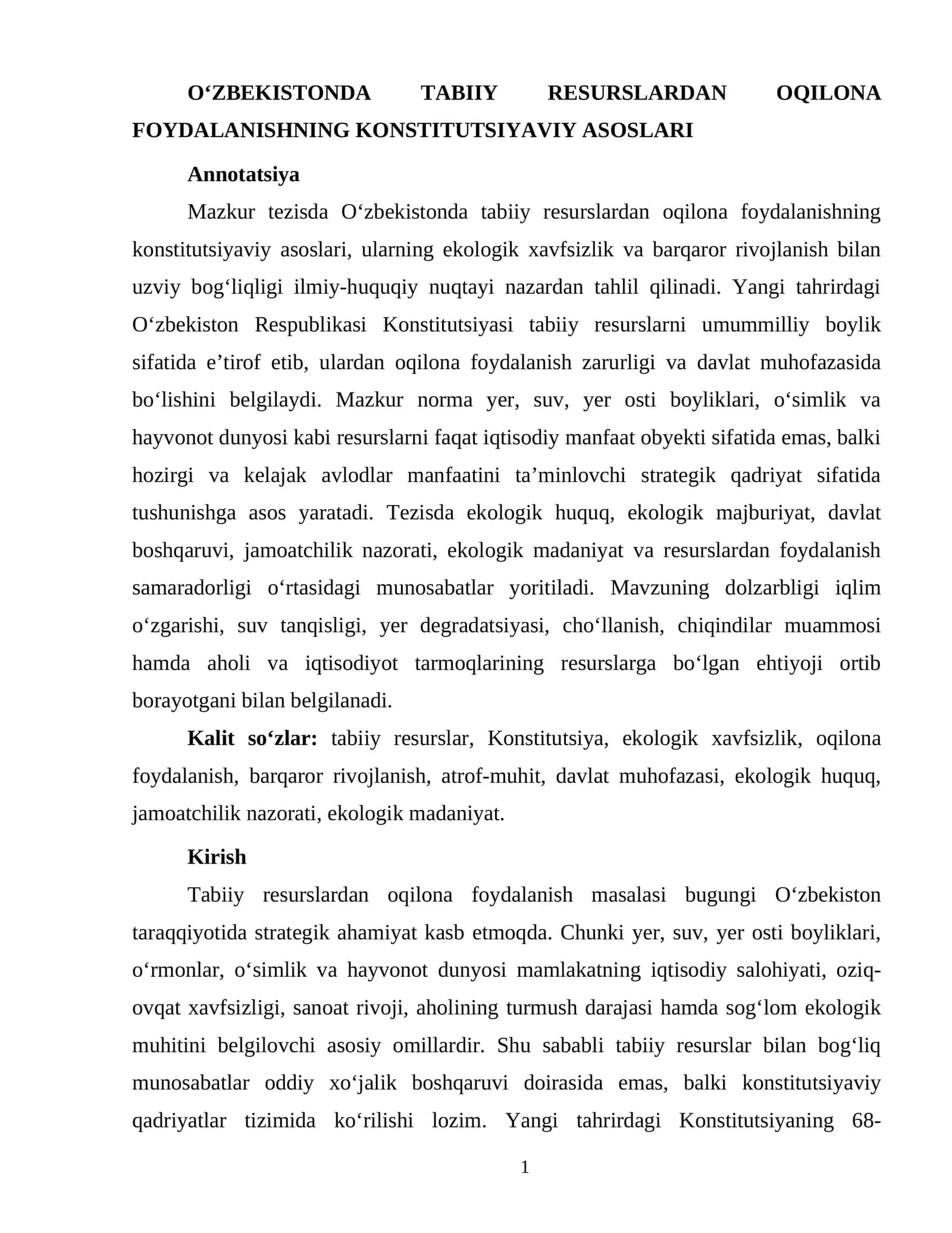 OʻZBEKISTONDA TABIIY RESURSLARDAN OQILONA FOYDALANISHNING KONSTITUTSIYAVIY ASOSLARI