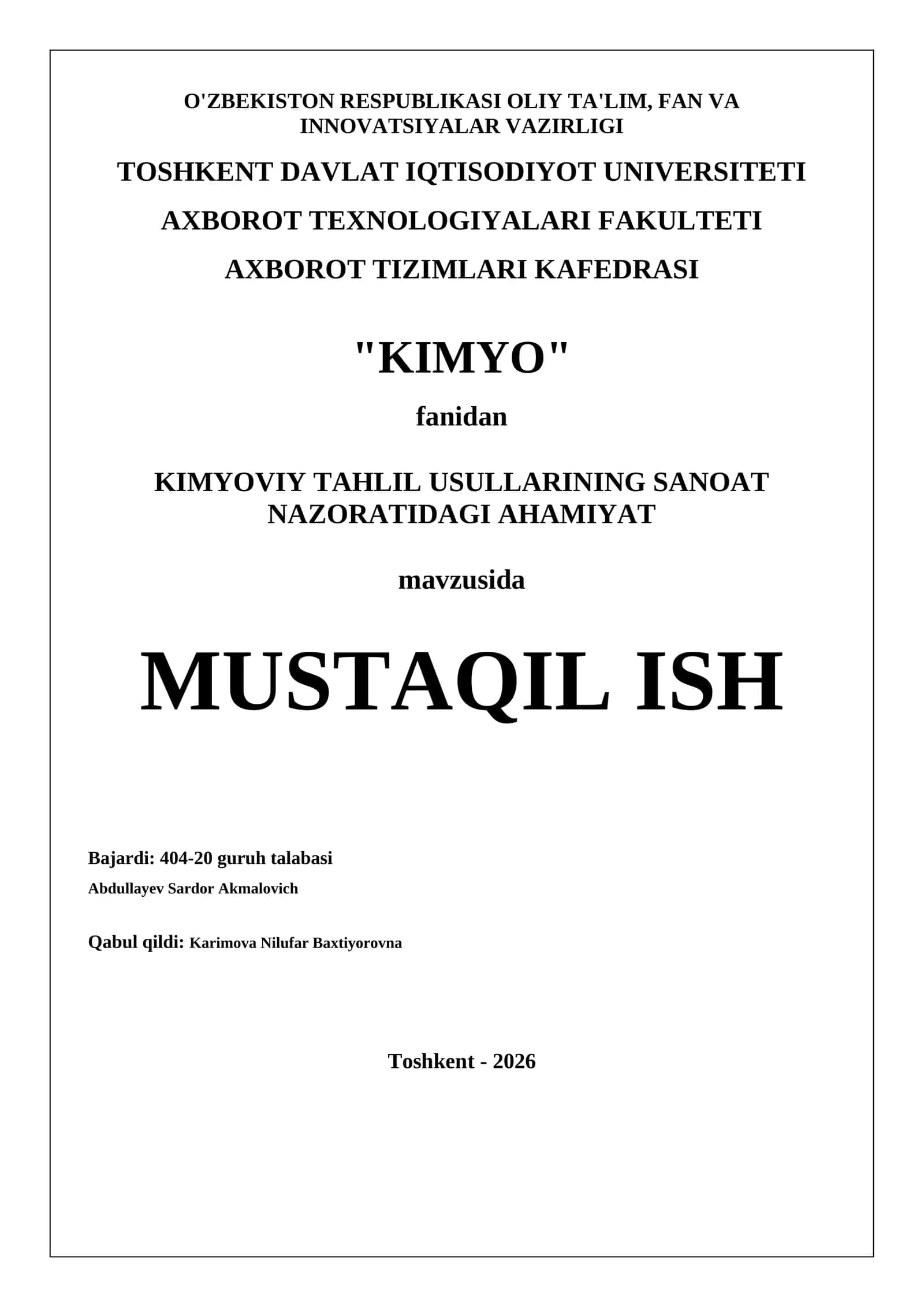 KIMYOVIY TAHLIL USULLARINING SANOAT NAZORATIDAGI AHAMIYAT