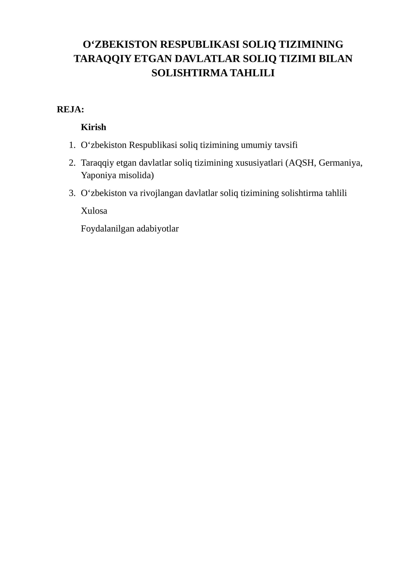 OʻZBEKISTON RESPUBLIKASI SOLIQ TIZIMINING TARAQQIY ETGAN DAVLATLAR SOLIQ TIZIMI BILAN SOLISHTIRMA TAHLILI