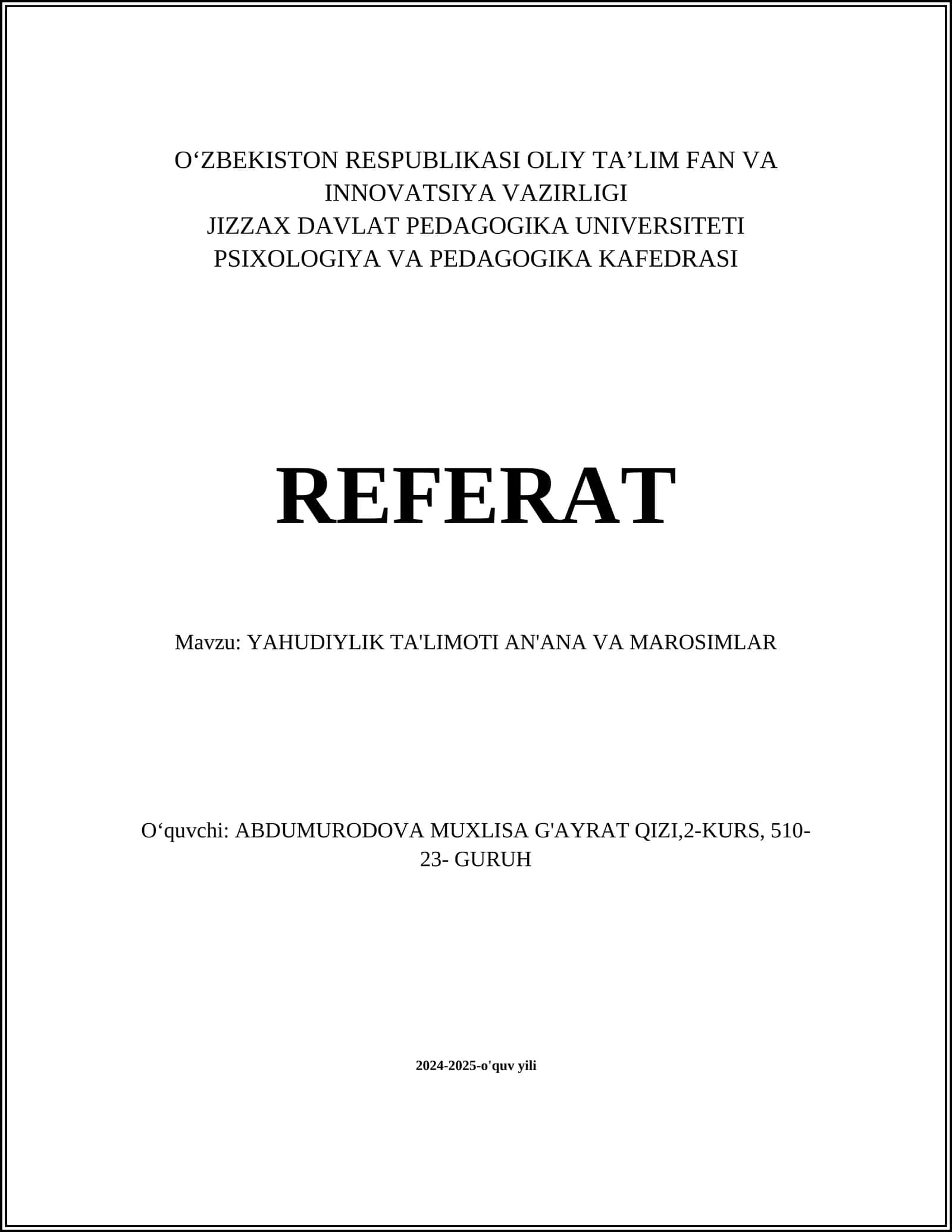 YAHUDIYLIK TA'LIMOTI AN'ANA VA MAROSIMLAR