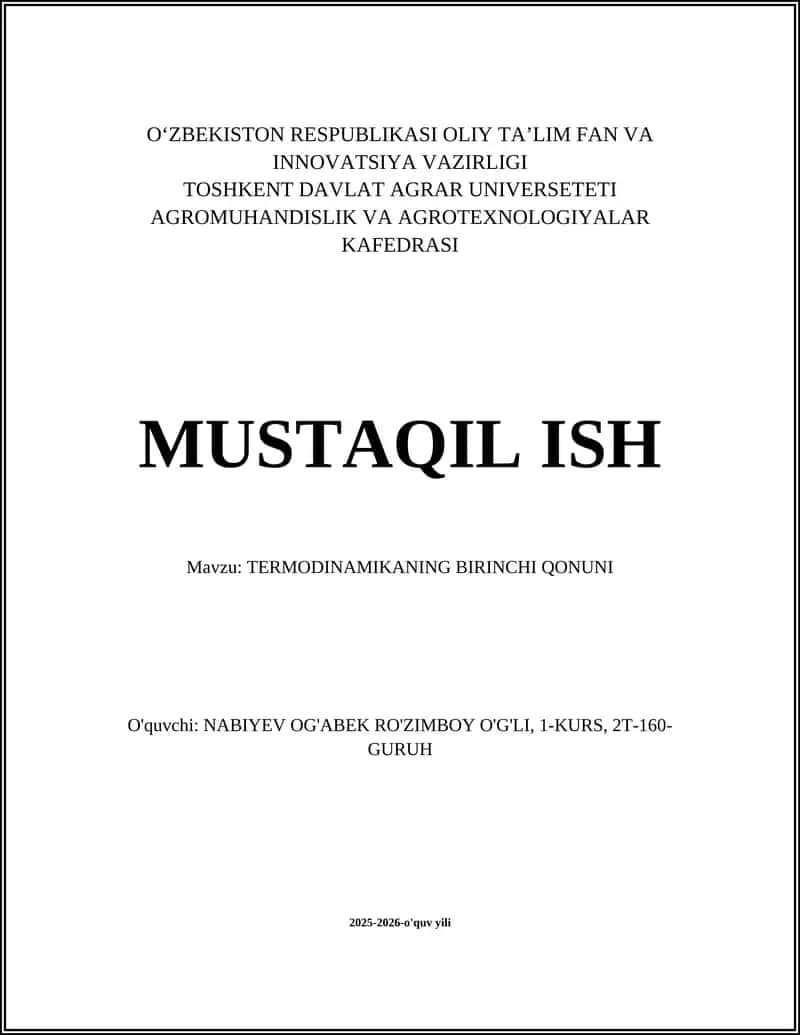 TERMODINAMIKANING BIRINCHI QONUNI