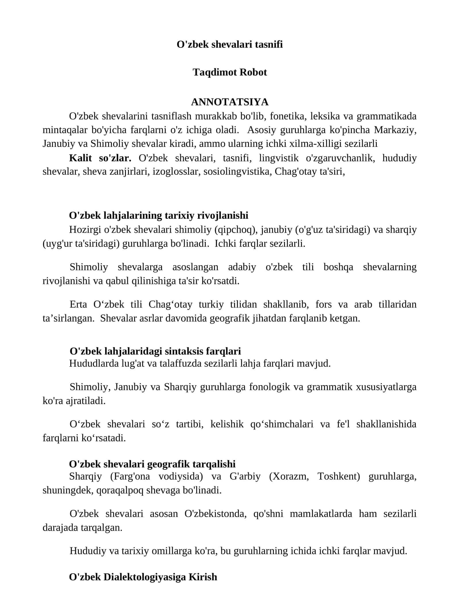 O'zbek shevalari tasnifi