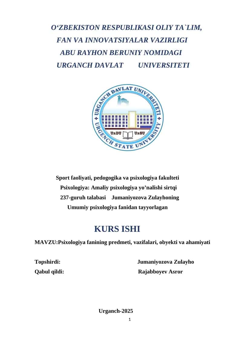 Psixologiya fanining predmeti, vazifalari, obyekti va ahamiyati