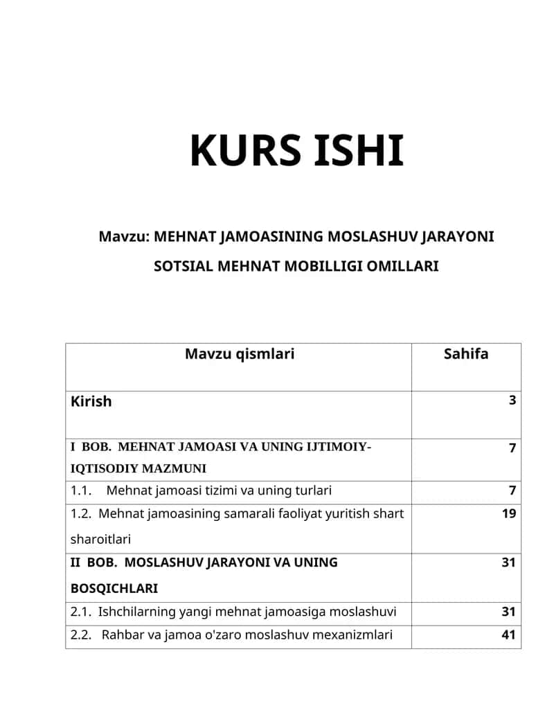MEHNAT JAMOASINING MOSLASHUV JARAYONI SOTSIAL MEHNAT MOBILLIGI OMILLARI