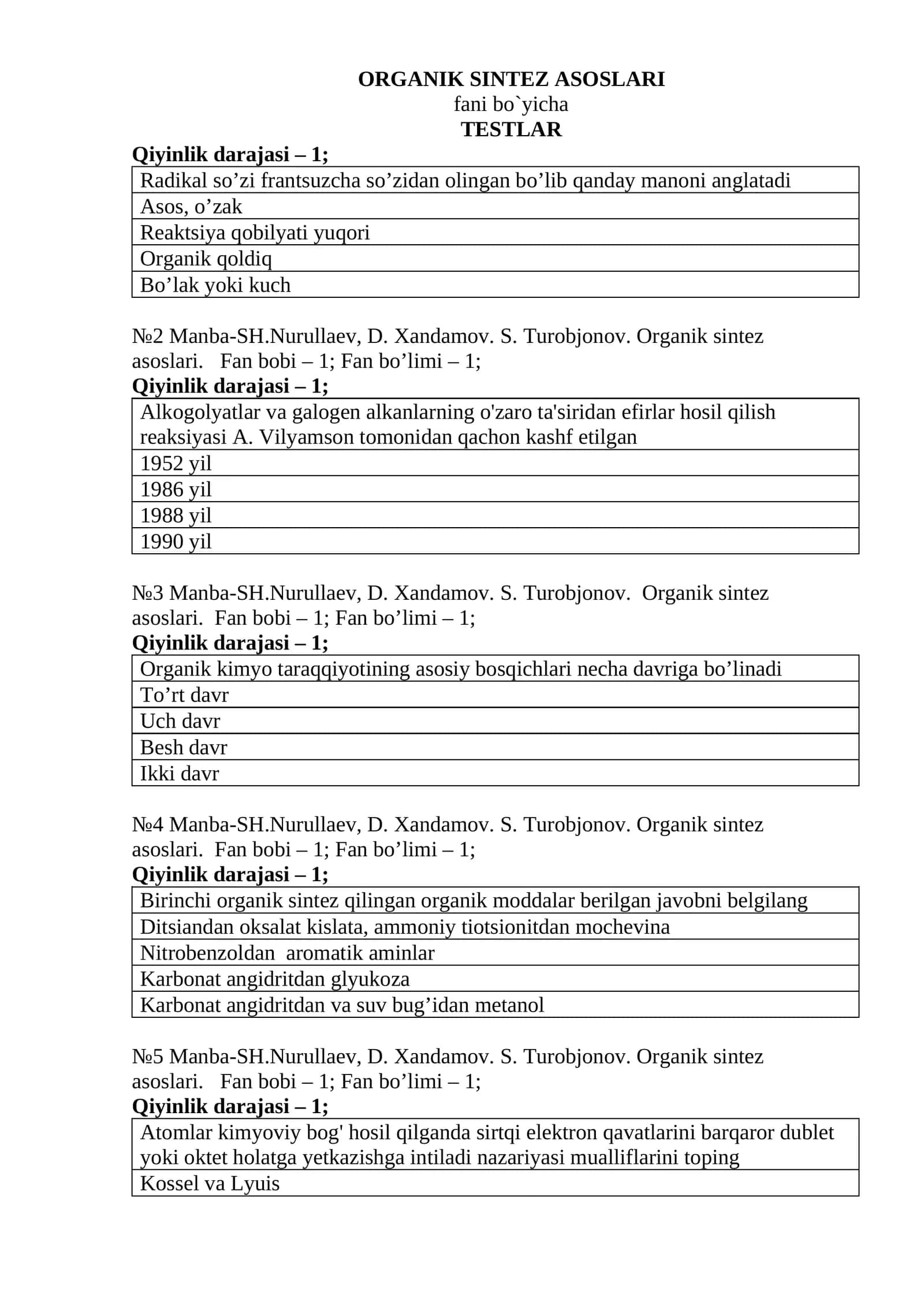 ORGANIK SINTEZ ASOSLARI fanidan yakuniy testlari