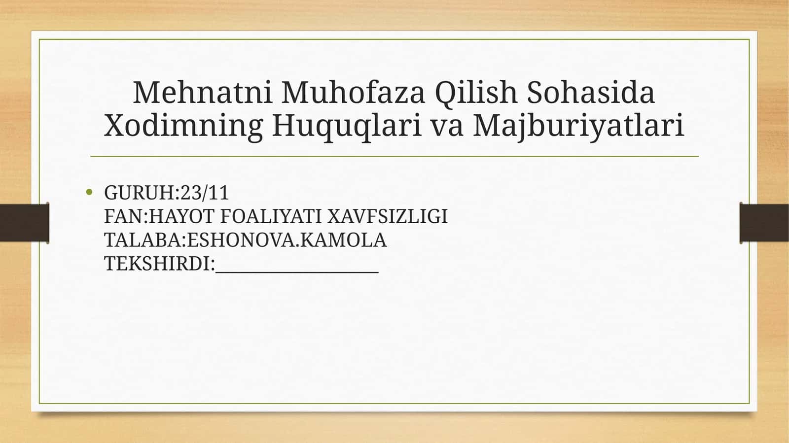 Mehnatni Muhofaza Qilish Sohasida Xodimning Huquqlari va Majburiyatlari