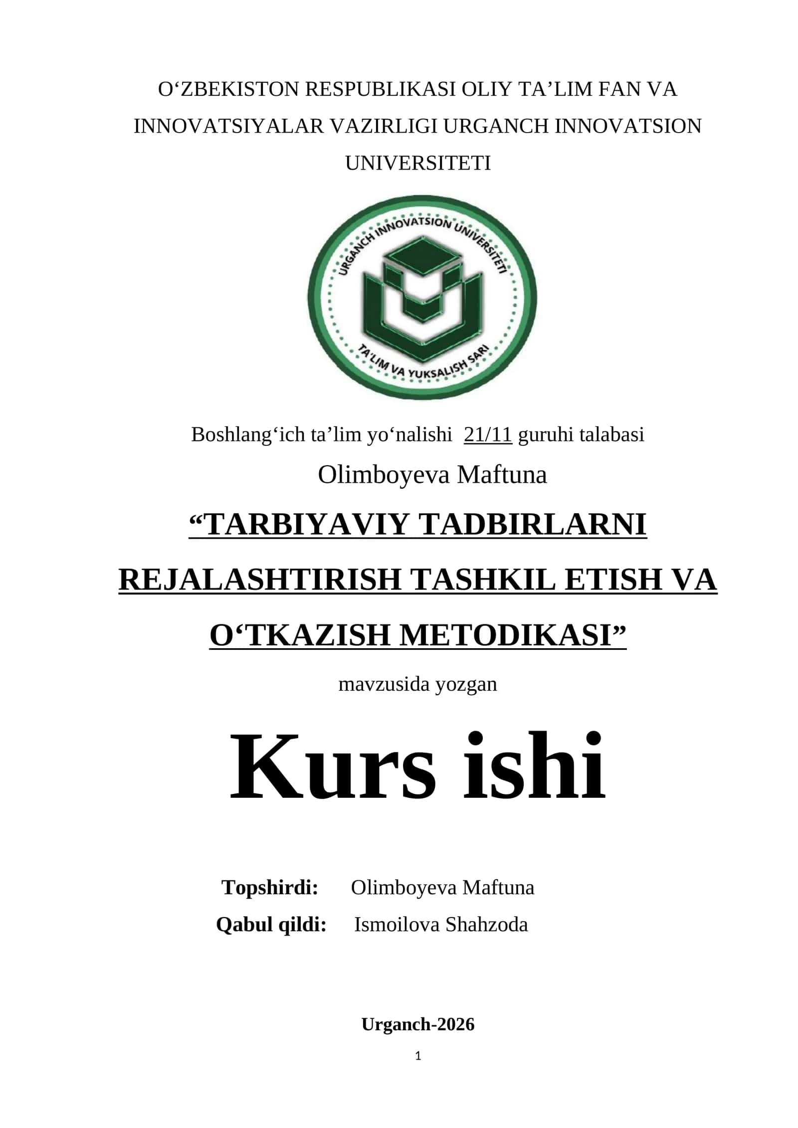 "TARBIYAVIY TADBIRLARNI REJALASHTIRISH TASHKIL ETISH VA OʻTKAZISH METODIKASI"