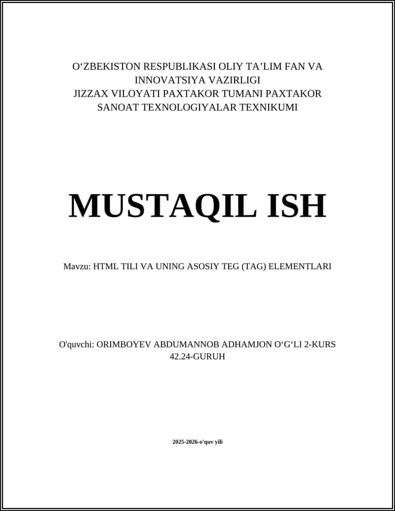 HTML TILI VA UNING ASOSIY TEG (TAG) ELEMENTLARI