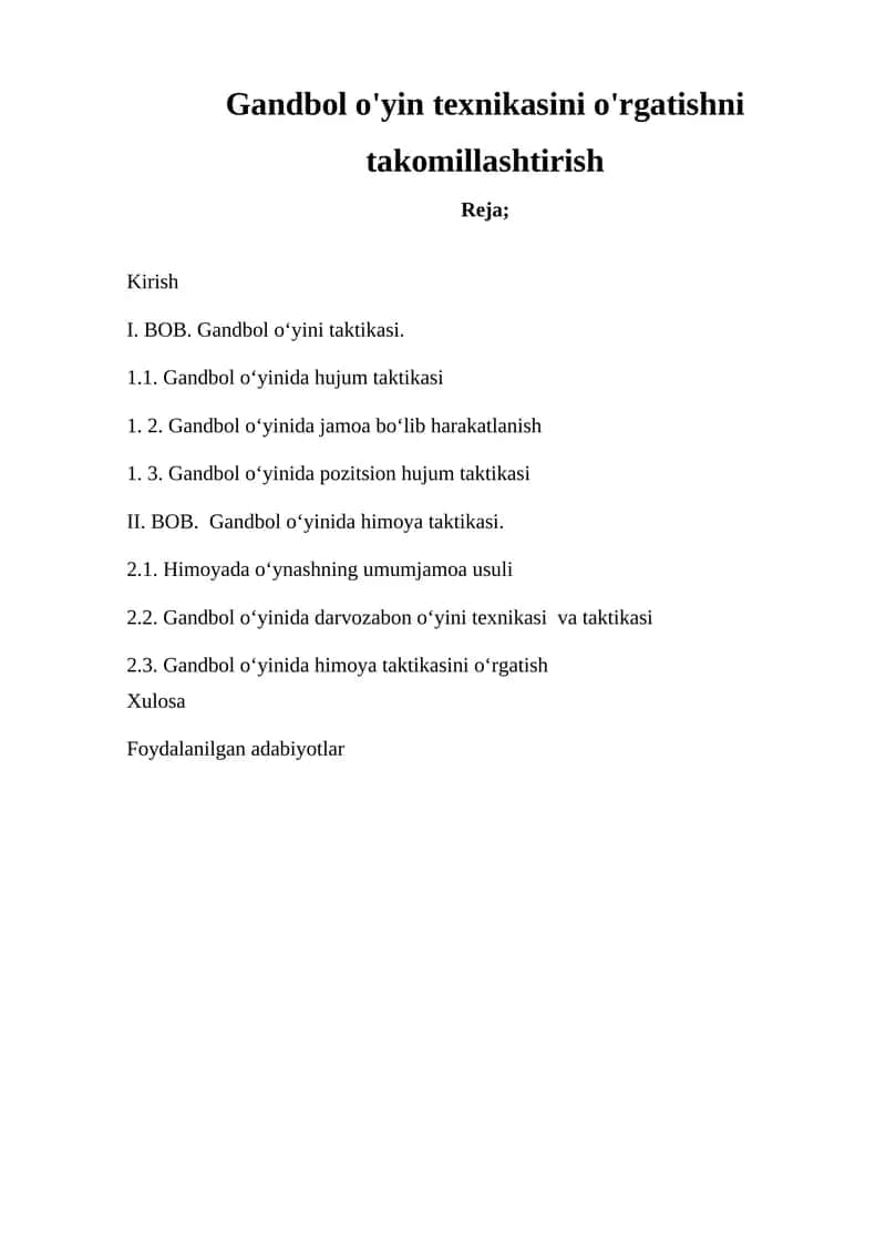 Gandbol o'yin texnikasini o'rgatishni takomillashtirish