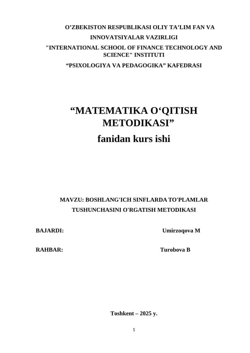 BOSHLANG'ICH SINFLARDA TO'PLAMLAR TUSHUNCHASINI O'RGATISH METODIKASI