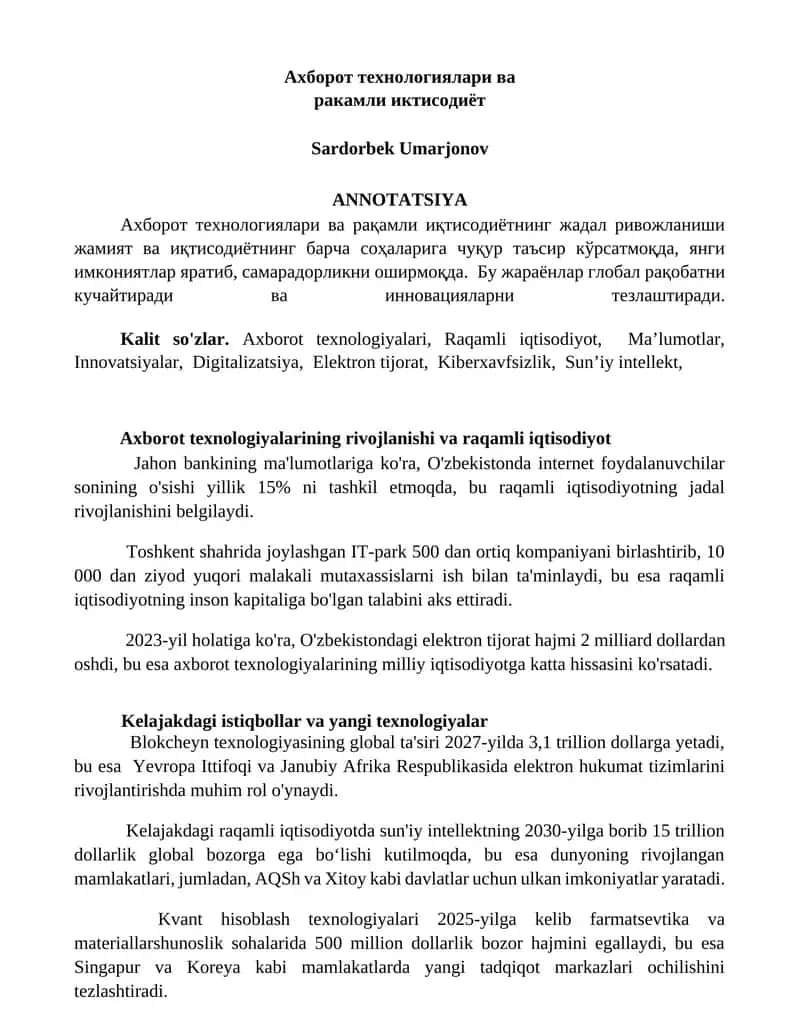 Axborot texnologiyalari va raqamli iqtisodiyot