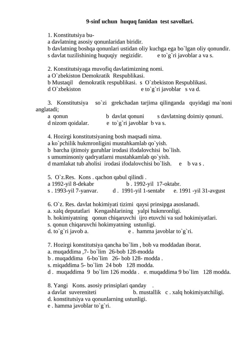 9-sinf uchun huquq fanidan test savollari