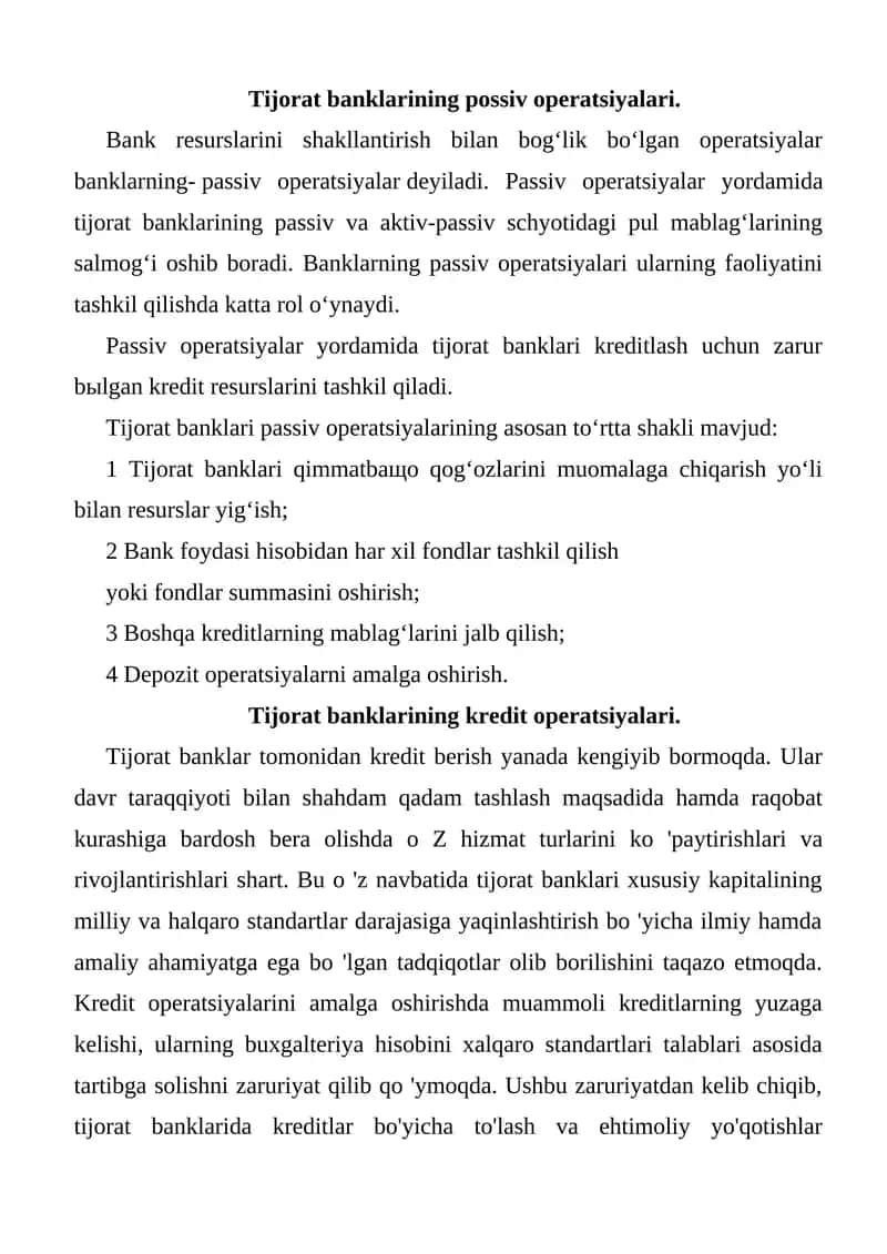Tijorat banklarining possiv operatsiyalari