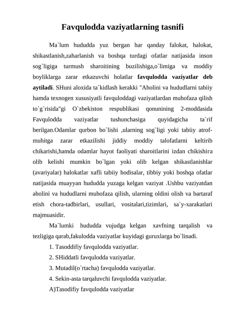 Favqulodda vaziyatlarning tasnifi