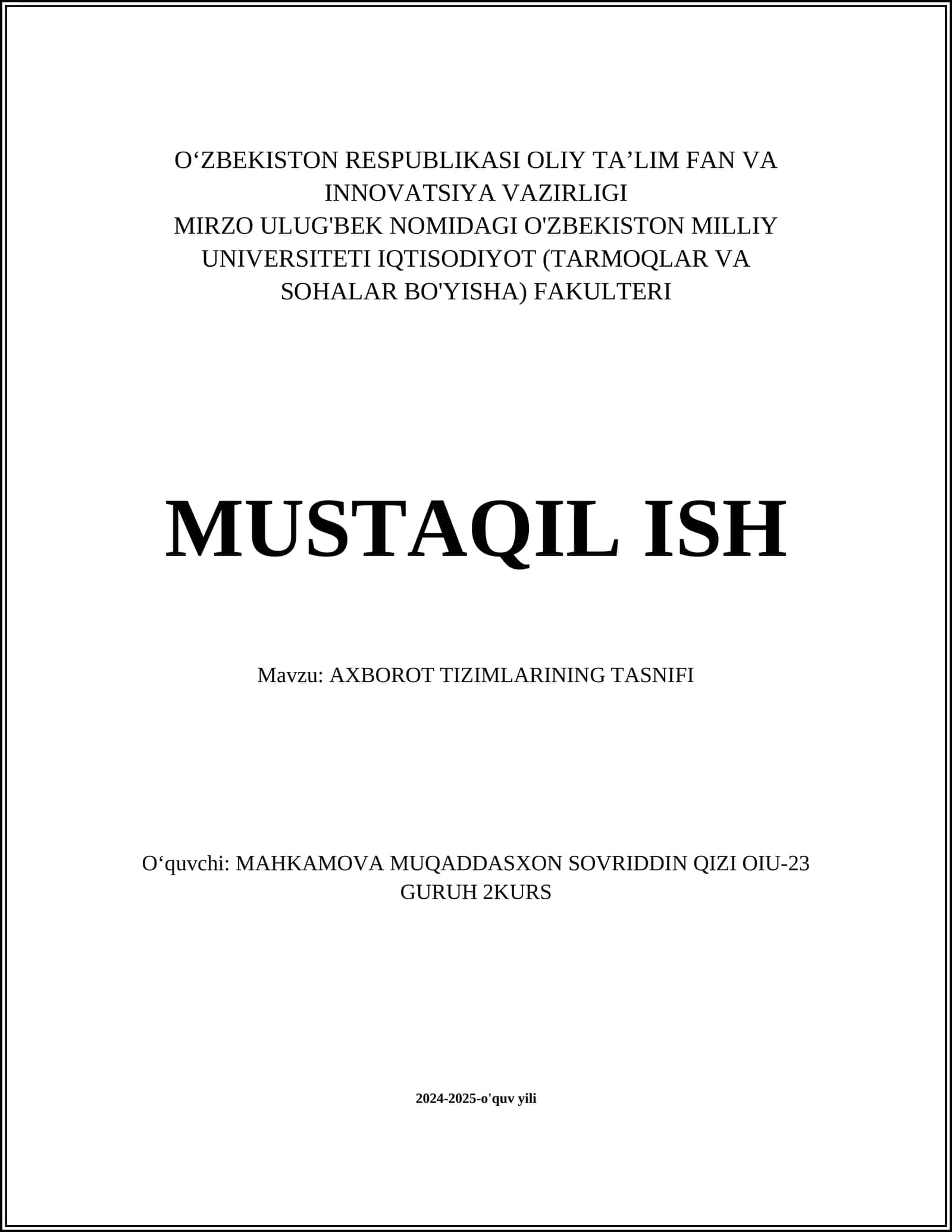 AXBOROT TIZIMLARINING TASNIFI