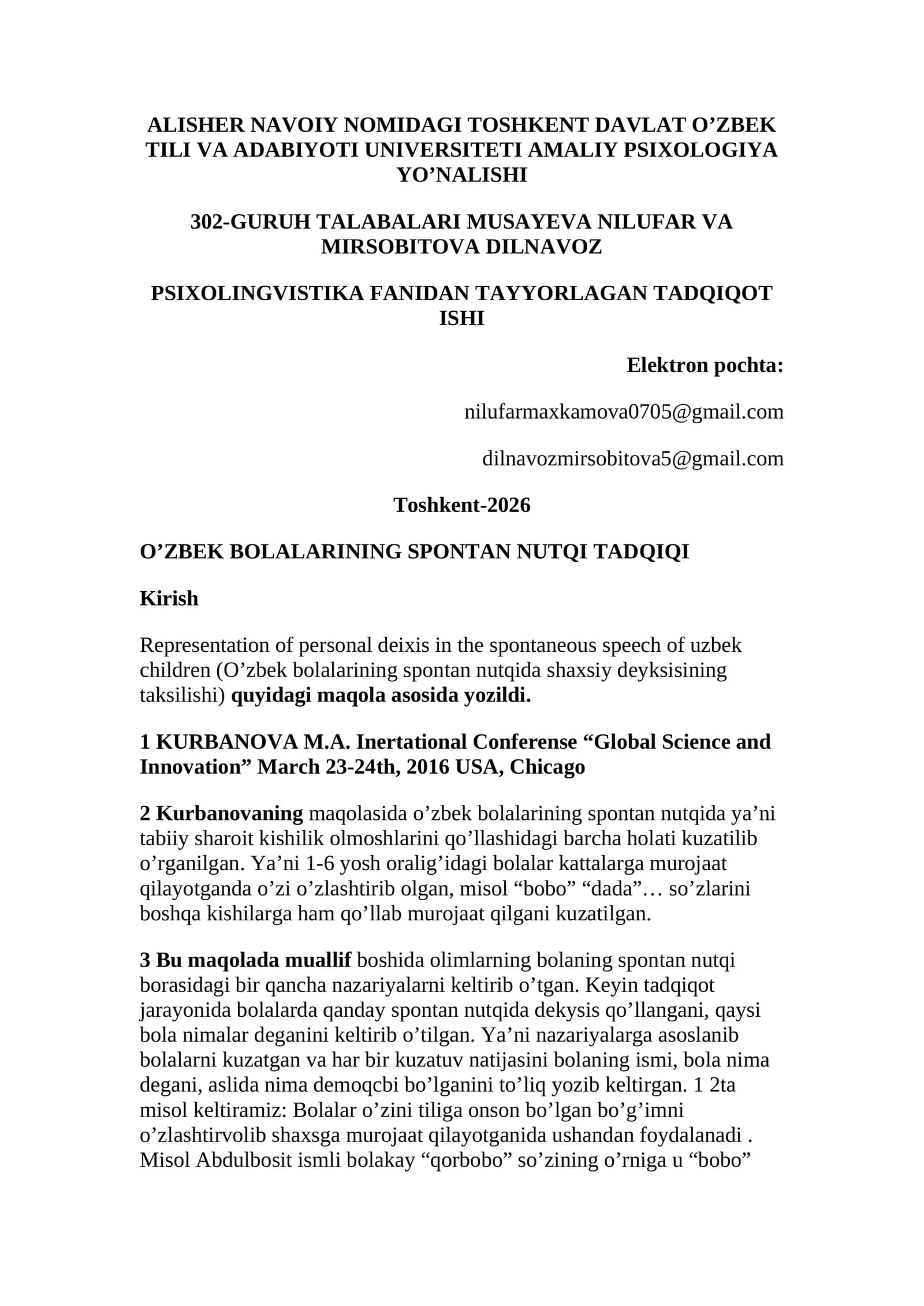 O'zbek bolalarining spontan nutqida shaxsiy deyksisining taksilishi