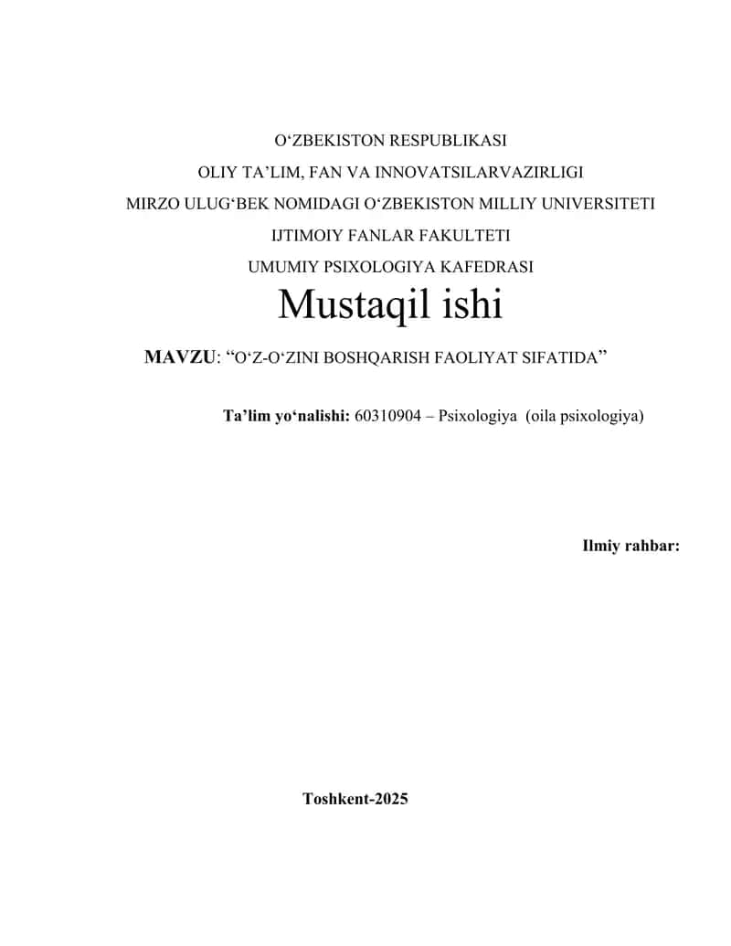O‘Z-O‘ZINI BOSHQARISH FAOLIYAT SIFATIDA