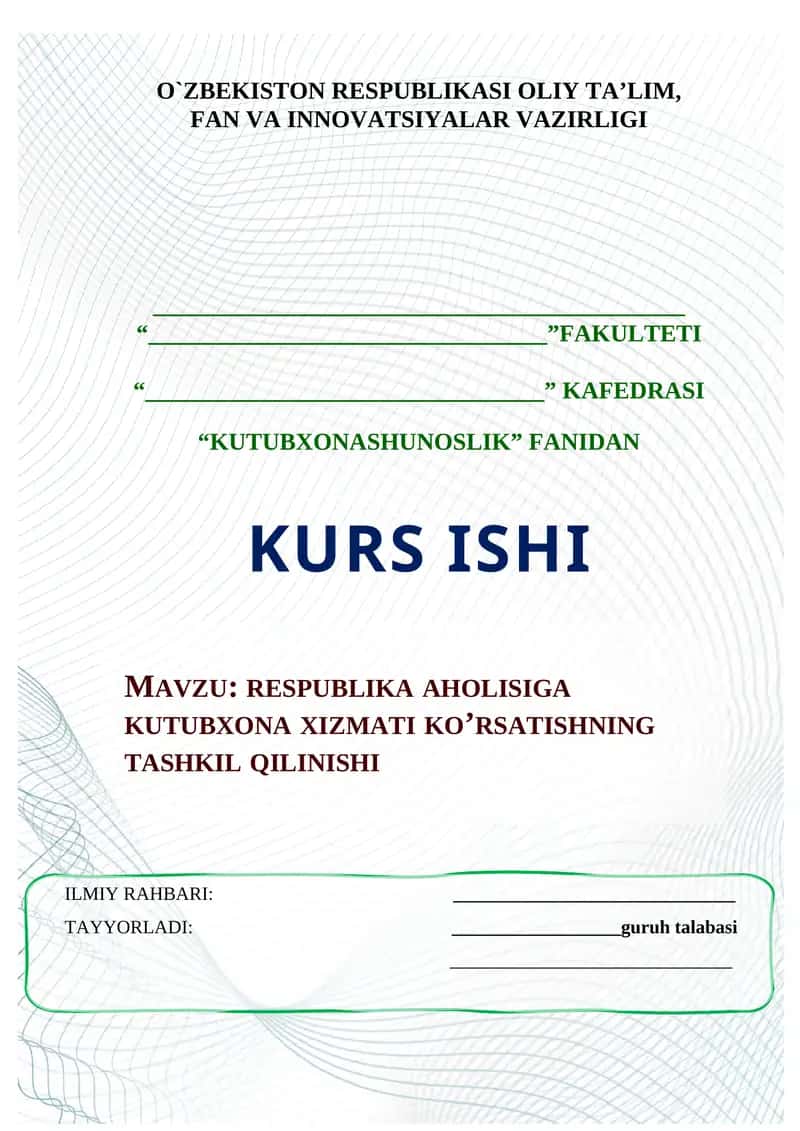 RESPUBLIKA AHOLISIGA KUTUBXONA XIZMATI KO’RSATISHNING TASHKIL QILINISHI