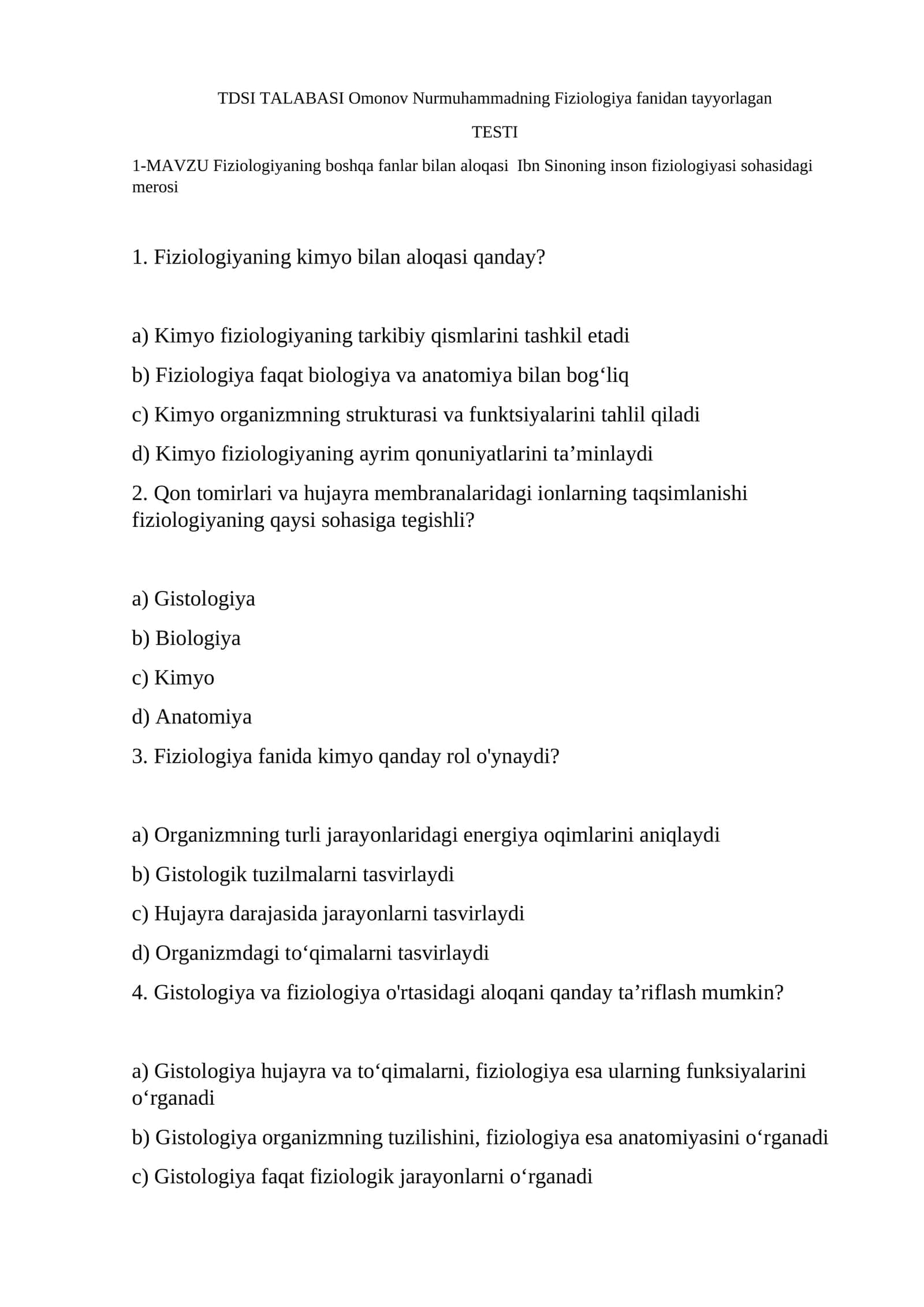 Fiziologiya fanidan tayyorlagan TESTI